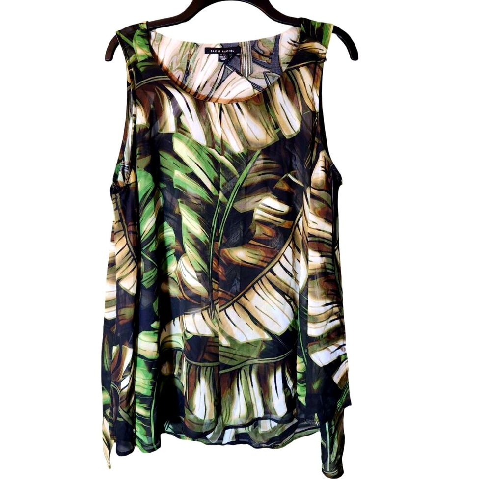Zac & Rachel Tropical Banana Leaf Sleeveless Blouse Chiffon Tank Top XL